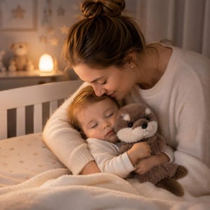Puede incluir: Un peluche de nutria de color marrón y crema con ojos oscuros y una nariz pequeña, sostenido por un niño pequeño dormido con una camisa blanca de manga larga, apoyado contra una persona con un suéter de punto blanco en una habitación tenue.