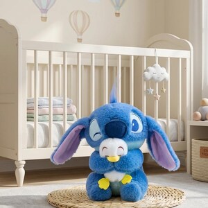 May include: A plush blue Stitch character toy holding a white and yellow duckling toy. The Stitch toy has large ears with purple insides, and is sitting on a woven mat. A white crib and mobile are in the background.
