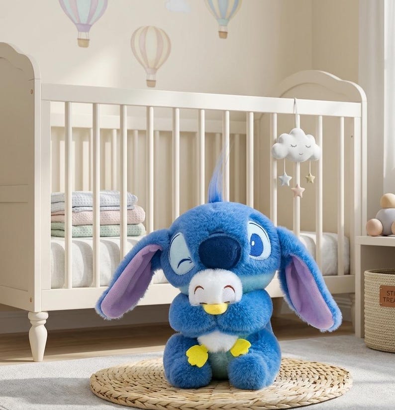 May include: A plush blue Stitch character toy holding a white and yellow duckling toy. The Stitch toy has large ears with purple insides, and is sitting on a woven mat. A white crib and mobile are in the background.
