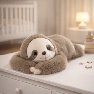 May include: A soft, plush sloth toy in brown and cream colours lies on a white surface. The toy has a smiling face, dark eyes, and outstretched arms. The toy is in a nursery setting, with a cot and lamp in the background.