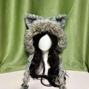 Handmade Starlight Wolf-Ear Weaving Hat: Retro-style gray-toned fluffy ear-covering hat