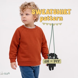 May include: A rust-colored long-sleeve sweatshirt with a crew neckline. The image includes the text SWEATSHIRT pattern and 6M - 14Y, along with a graphic of a black sheep hanging from a green string with a banner above it. The brand name Cub CLUB is visible.