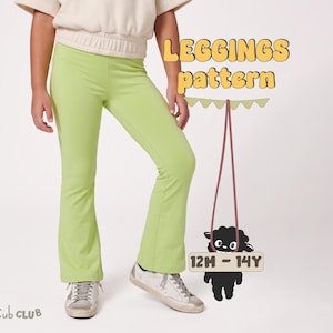 May include: Light green flared leggings with an elastic waistband. The image includes text reading LEGGINGS pattern and a graphic of a black sheep holding a sign that says 12M - 14Y. The brand name Cub CLUB is visible in the bottom left corner.