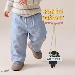 May include: Light blue pants with a loose fit, paired with a cream-colored sweater featuring blue horizontal stripes. The image includes text reading PANTS pattern and 6M - 14Y, alongside a graphic of a black sheep and the text Cub CLUB.