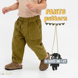 May include: Olive green corduroy trousers with two front pockets. The trousers are part of a pattern design, with the text "PANTS pattern" and "10 SIZES: 3M - 6T" in the image. The trousers are worn by a child.