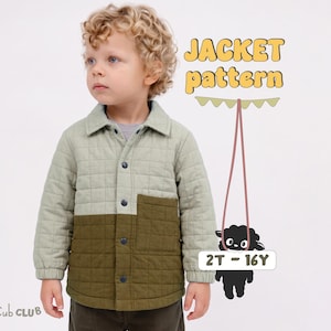 Puede incluir: Una chaqueta acolchada de dos tonos con una sección superior en verde salvia claro y una sección inferior en verde oliva oscuro, con un bolsillo en el pecho a juego. La chaqueta tiene cuello, mangas largas y botones oscuros. Texto: JACKET pattern 2T - 16Y.