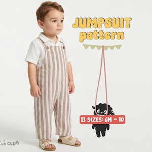 May include: A child in a striped jumpsuit with a white shirt. The jumpsuit features brown and white vertical stripes. The image includes the text "JUMPSUIT pattern" and "13 SIZES: 6M - 10". The Cub Club logo is in the bottom left corner.
