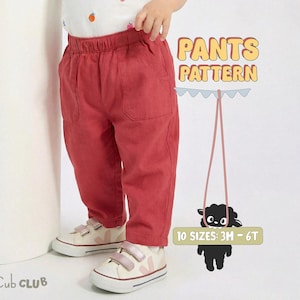 Puede incluir: Pantalones rojos para niños pequeños con bolsillos, usados con zapatillas blancas. La imagen incluye el texto "Pants Pattern" y "10 Sizes: 3M - 6T". El logotipo de Cub Club está en la esquina inferior izquierda.