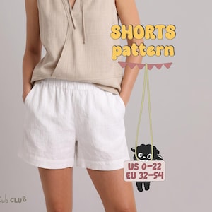 May include: White shorts with an elastic waistband. The image features the text SHORTS pattern and a graphic of a black sheep holding a sign that reads US 0-22 EU 32-54. The brand name Cub CLUB is visible in the bottom left corner of the image.