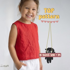 May include: A sleeveless red top with a scalloped hem is worn by a young girl. The words "TOP pattern" are above a hanging sign with a black sheep illustration and the text "15 SIZES: 12M - 14". The Cub Club logo is in the lower left corner.
