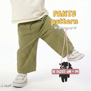 Può includere: Pantaloni verde oliva con motivo a pois. L'immagine include il testo "PANTS pattern" e "15 TAGLIE: 6M - 14". I pantaloni sono indossati con scarpe da ginnastica bianche.