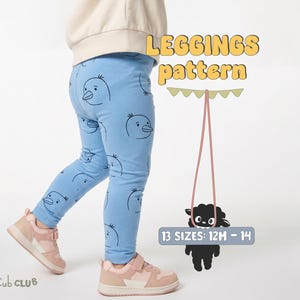 May include: Light blue leggings featuring a repeating black line art pattern of bird faces. The text LEGGINGS pattern is displayed in yellow, along with a graphic of a black sheep and the text 13 SIZES: 12M - 14. The brand name Cub CLUB is visible.