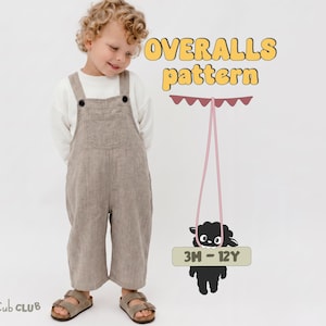 May include: A child wearing light brown linen-style overalls over a white long-sleeve shirt and brown sandals. Text reads OVERALLS pattern and 3M - 12Y next to a graphic of a black sheep hanging from a pink string with a red banner above it.