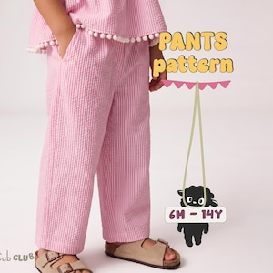 May include: Pink and white striped seersucker pants with a matching top featuring white pom-pom trim. The image includes text reading PANTS pattern, a pink banner graphic, a black sheep illustration, and the text 6M - 14Y and Cub CLUB.