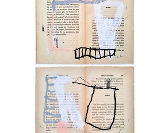 Set of 2 Original Paintings on Book Pages - Abstract Expressionist Original Drawings