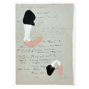 Original zarte Malerei auf handgeschriebenem Vintage Papier - Minimalistische Zeichnung auf hellblauem Papier
