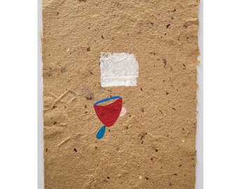 Small Gouache Painting on Brown Handmade Paper - Minimalist Drawing on Textured Cardboard