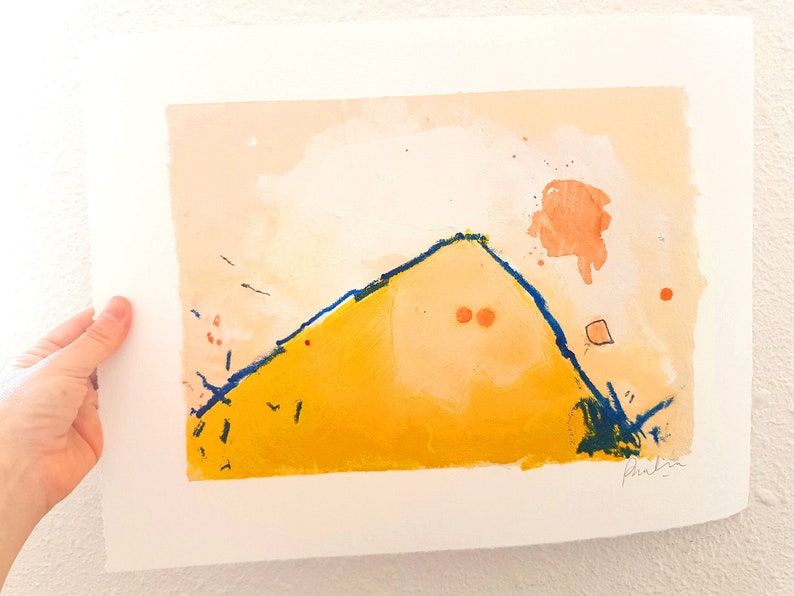 Colorful Landscape Art Yellow Mountain Painting on Paper