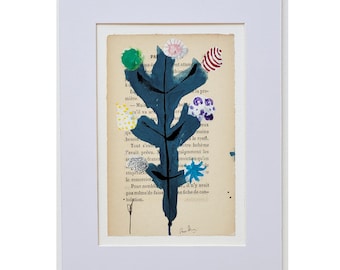 Blue Abstract Cactus Small Painting on Paper - Modern Drawing on Vintage Book Page