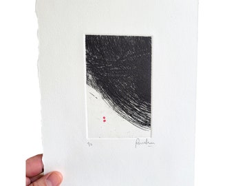 Abstract Black and White Etching Print Art - Minimalist Printmaking Black and Red
