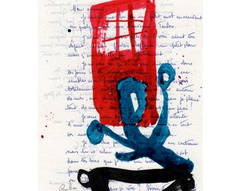 Abstract Ink Art on Vintage Handwritten Letter - Blue and Red Drawing on Vintage Love Letter