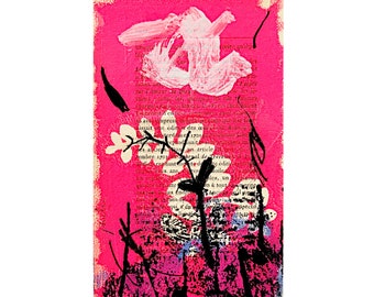 Neon Pink Floral Drawing on Paper - Abstract Flower Painting on Vintage Book Page - Small Original Gouache Artwork