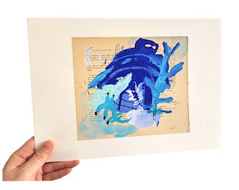 Abstract Expressionist Ultramarine Blue Original Drawing - Original Painting on Book Page