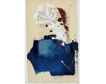 Abstract Cyanotype and Painting on Vintage Book Page - Blue Expressionist Drawing on Old Paper