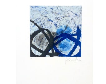 Blue and Black Original Etching Print Art - Abstract Duotone Painting