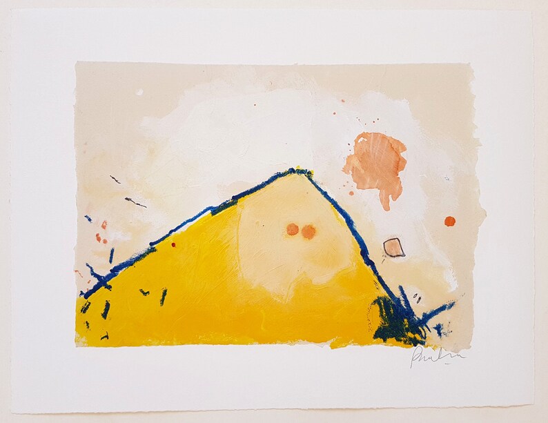 Colorful Landscape Art Yellow Mountain Painting on Paper