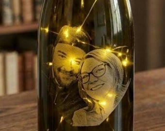 Custom Laser Engraved Wine Bottle Light - Personalized Photo Gift for Anniversary, Wedding, or Birthday - LED Fairy Lights Included