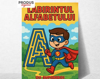 Karty pracy z labiryntem alfabetu rumuńskiego | Labirynty liter superbohaterów od A do Z (PDF)