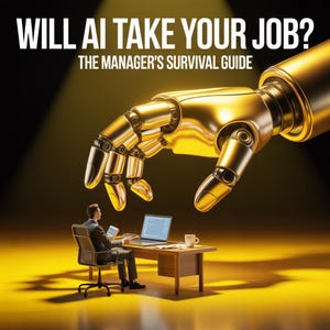 May include: A digital illustration features a businessman at a desk with a laptop, under a large golden robotic hand. The text reads "WILL AI TAKE YOUR JOB? THE MANAGER'S SURVIVAL GUIDE" in white letters against a yellow and black background.