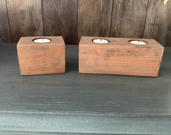 Rustic Wooden Tealight Candle Holders – Set of 2