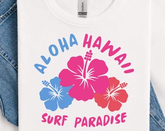 Aloha Hawaii Surf Paradise PNG, Summer Vibes Tropical Hibiscus Flower T-Shirt Design, Hawaiian Beach Vacation Digital Download