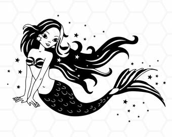 Swimming Mermaid SVG PNG | Mermaid Tail Silhouette | Seashell Starfish | Summer Beach Wall Art | Cricut Laser Cut | Digital Download