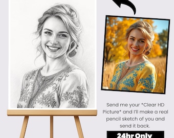 Custom Pencil Sketch Portrait, Hand Drawn Black White Digital Art (Digital Download)
