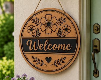 Welcome Sign SVG, Round Floral Door Hanger, Glowforge File, Layered Wall Art, Rustic Porch Sign, Cricut xTool LightBurn SVG PNG