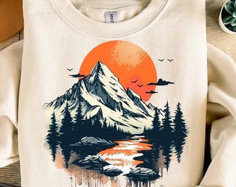 Retro Mountain Sunset PNG | Good Vibes Nature Graphic (Digital Download)