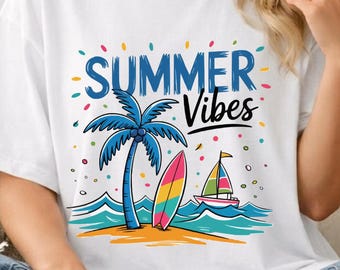 Retro Tropical Beach PNG | Summer Vibes Palm Tree Surfboard Sailboat (Digital Download)