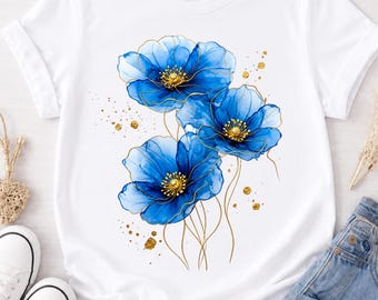 Blue Watercolor Floral PNG, Botanical Flower Design, Summer Shirt Sublimation, Floral T-Shirt Graphic Download