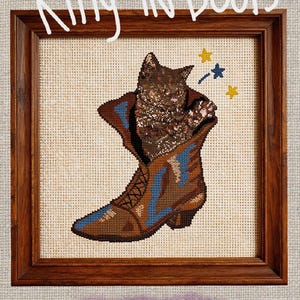 Kitty In Boots Funny Little Brown Texas Cowboy Cat Cross stitch Pattern