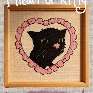 Divertido gatito negro bordado a punto de cruz, regalo para novia o novio, corazón coqueto, patrón hecho a mano en PDF