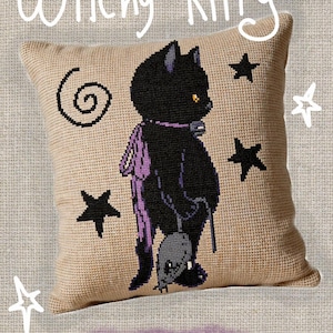 Witchy Kitty Funny Black Cat Goth Room Cross Stitch Beginner Friendly Pattern PDF