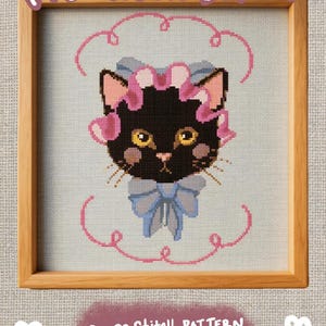 Patrón de punto de cruz de gato negro de la época de la Regencia, gráfico de costura Cottage Core en PDF