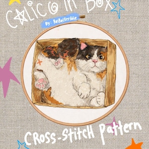 Fluffy Calico Cat Cross Stitch Pattern, Cat in Box sewing digital pdf chart set