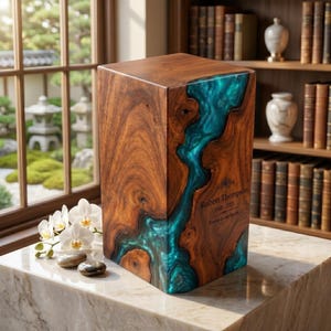 May include: A rectangular wooden cremation urn featuring a natural live edge design filled with translucent teal epoxy resin. The front surface is engraved with the text Robert Thompson, 1948-2023, Forever in our hearts, alongside a small floral icon.