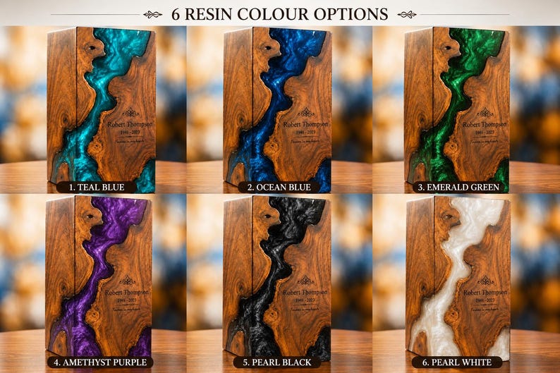 May include: Six rectangular wooden urns featuring a central river-like inlay of colored resin. The resin colors are teal blue, ocean blue, emerald green, amethyst purple, pearl black, and pearl white. Each urn displays the text Robert Thompson 1946-2023.