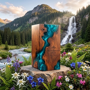 May include: A rectangular wooden cremation urn featuring a central river-like inlay of translucent teal epoxy resin. The wood has a natural grain, and the front surface is engraved with the text Robert Thompson 1948-2023 and a small floral icon.