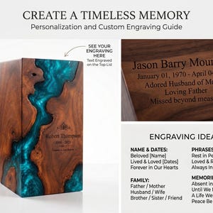 May include: A rectangular wooden cremation urn featuring a natural wood grain and a central river-like inlay of translucent teal resin. The front is engraved with the name Robert Thompson and dates 1948-2023. Includes a guide for custom engraving.